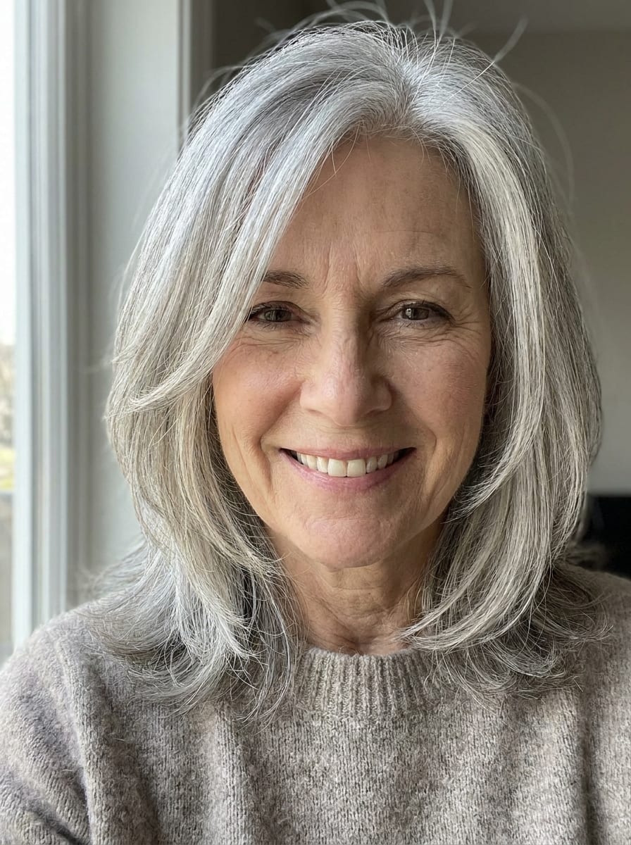 Mittellange graue Haare mit Layers - Graue Haare Frisur